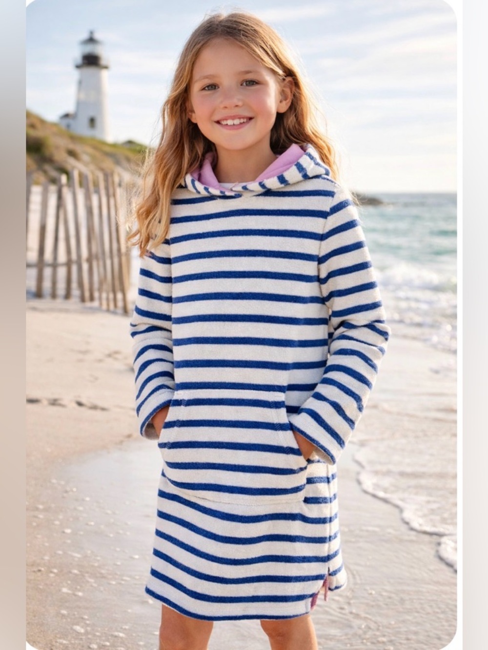 Mini Boden Girls Hooded Dress 7-8Y Striped Cotton Terry Nautical Swimsuit Cover